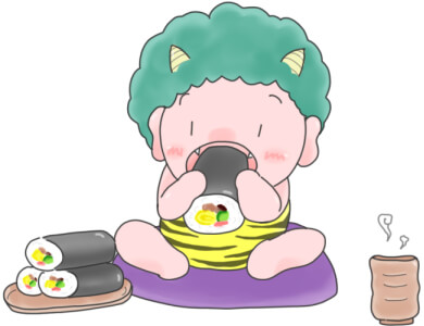 恵方巻にかぶりつく小鬼のかわいいイラスト