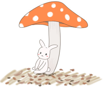 きのこに寄り添ってくつろぐウサギのかわいいイラスト
