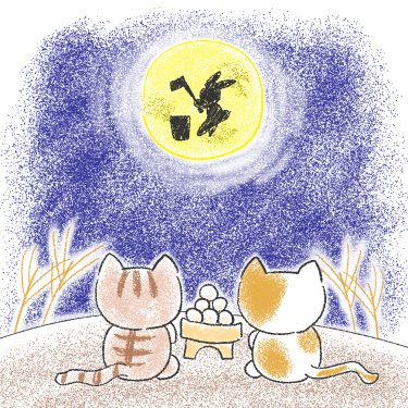 お月見する猫のかわいいイラスト
