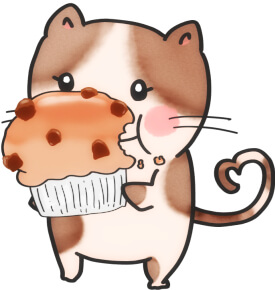 カップケーキをほおばる猫のかわいいイラスト