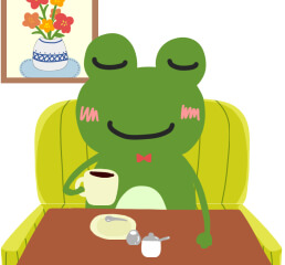 優雅にコーヒーを楽しむ蛙（カエル）のかわいいイラスト